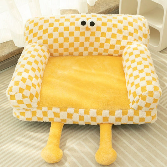 Yellow Plaid Fluffy Dog Bed